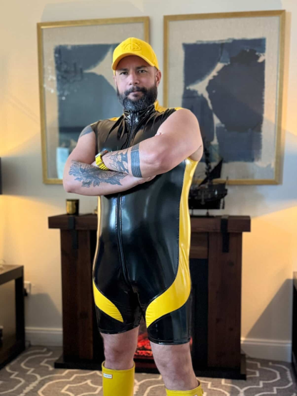 Mysteryglove Men’s High-Neck PU Singlet Bodysuit – Glossy Black with Yellow Accents