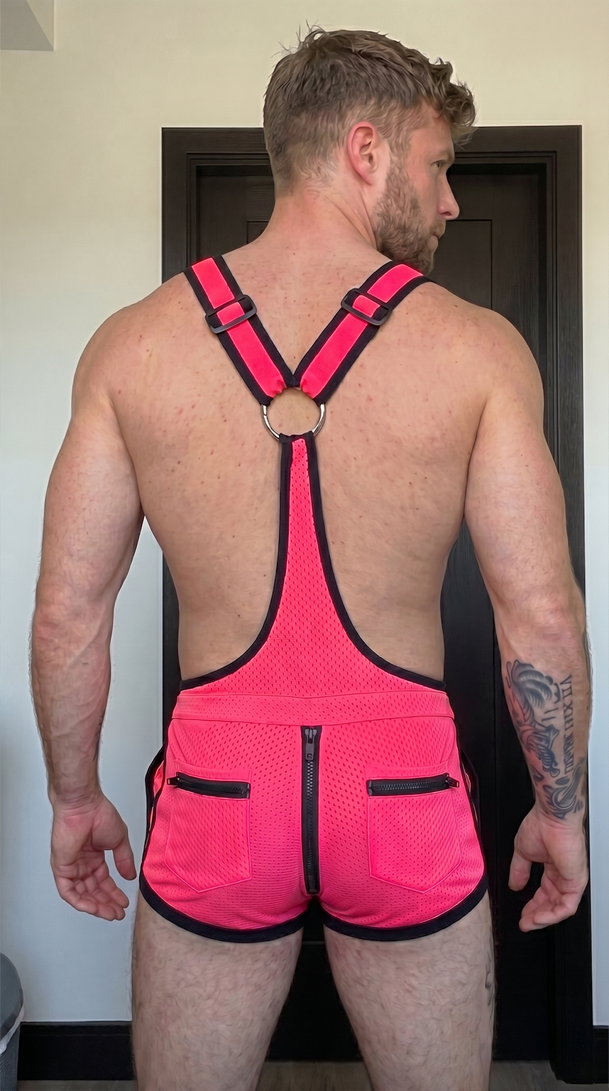 Mysteryglove Men's Blue Mesh Open Side Harness Romper with Adjustable Straps and Zip Pockets
