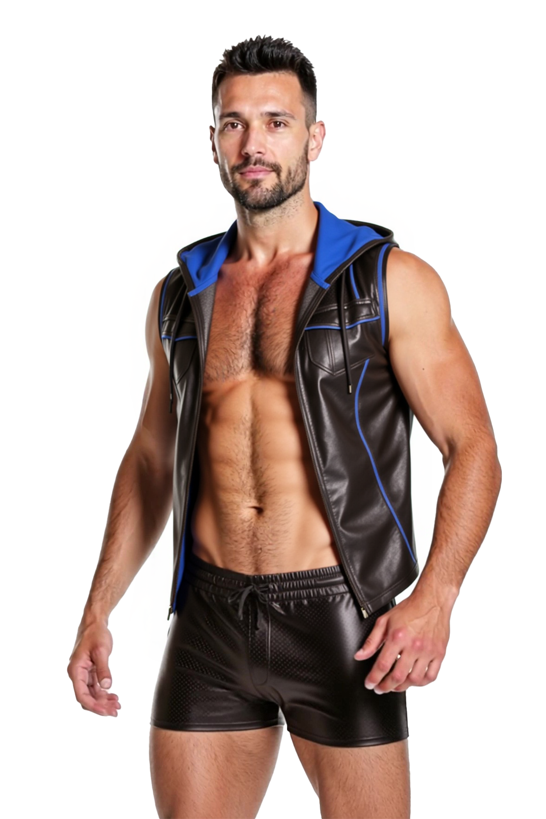 Mysteryglove Men's Black PU Leather Zip Hoodie with Shorts