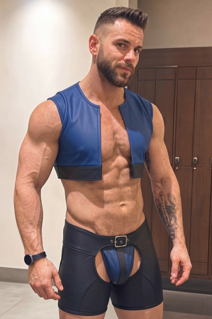 Mysteryglove Blue & Black PU Leather Harness Vest Set, Cropped Vest Top + Open-Back Jock Shorts Design