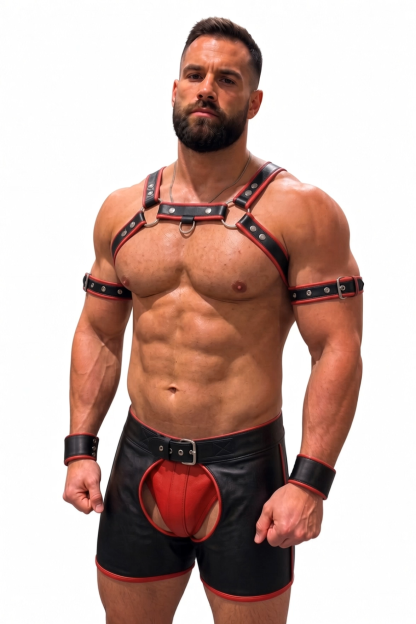 Mysteryglove Black & Blue PU Leather Harness + Open-Back Jock Shorts Set