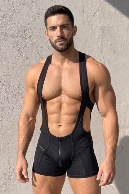 Mysteryglove Men’s Black Mesh Singlet Bodysuit with Front Zipper 