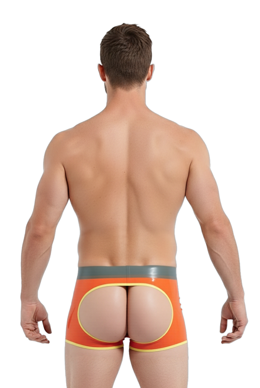 Mysteryglove Men's Glossy PU Leather Orange Shorts with Playful Cutout Back