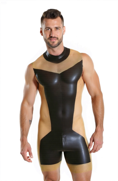Mysteryglove Sexy Men’s Transparent and Black PU Leather Catsuit – Sleeveless One-Piece Jumpsuit
