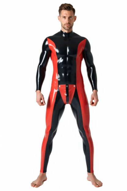 Mysteryglove Men’s Form-Fitting PU Leather Suit with Red and Black Stripes