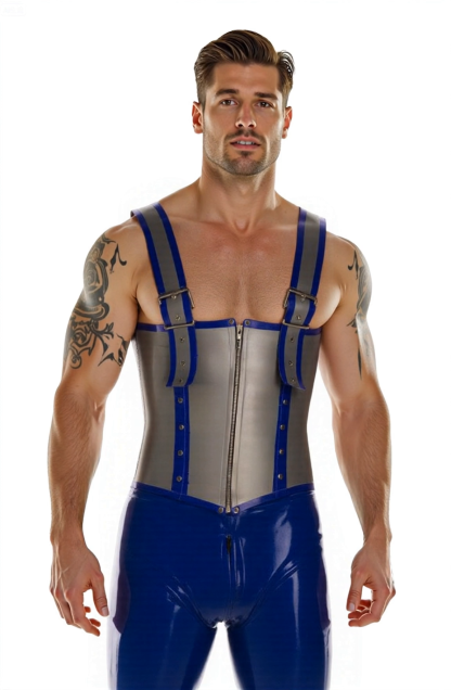 Men’s Blue & Silver Leather Corset Harness with Matching Shiny Tight Pants – Adjustable Buckle Straps & Zipper Front
