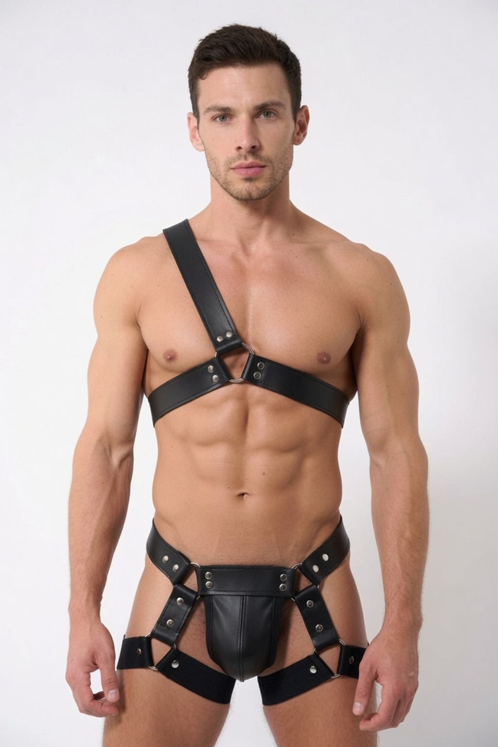 Mysteryglove Black PU Leather One‑Shoulder Harness + Strappy Jock Set