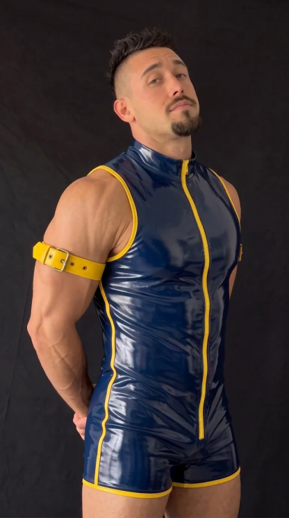 Mysteryglove Navy Blue Gloss PU Leather Singlet Bodysuit, Yellow Contrast Trim + Front Zip + Open-Seat Back