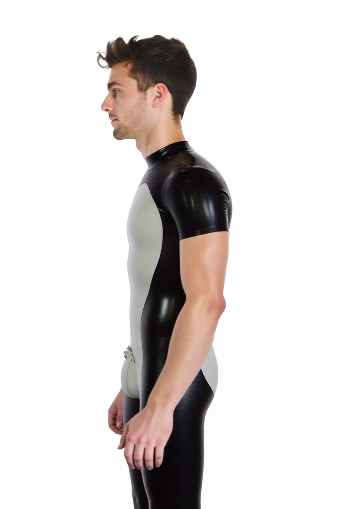 Mysteryglove Men’s PU Leather Short-Sleeve Bodysuit – Black & White Contrast Style