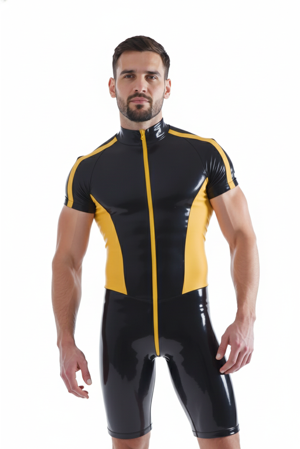 Mysteryglove Black and Yellow PU Leather Bodysuit - Shiny Two-Tone Athletic Gear