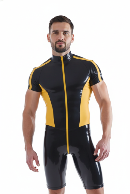 Mysteryglove Black and Yellow PU Leather Bodysuit - Shiny Two-Tone Athletic Gear