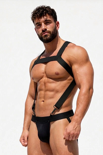 Mysteryglove Men's Black Elastic Harness Jockstrap Set, Geometric Chest Strap + X-Back Design