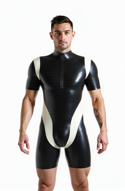 Mysteryglove Black & White Glossy Bodysuit – Short Sleeve One-Piece with Front Zip