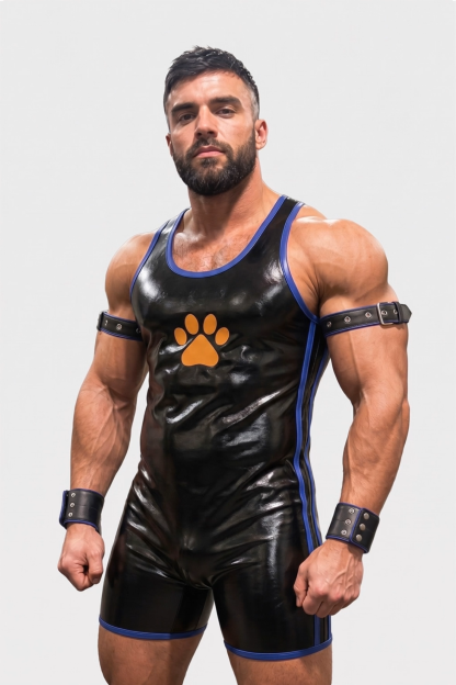 Mysteryglove Black Gloss PU Leather Singlet Bodysuit with Blue Trim, Paw Print Design + Arm Bands