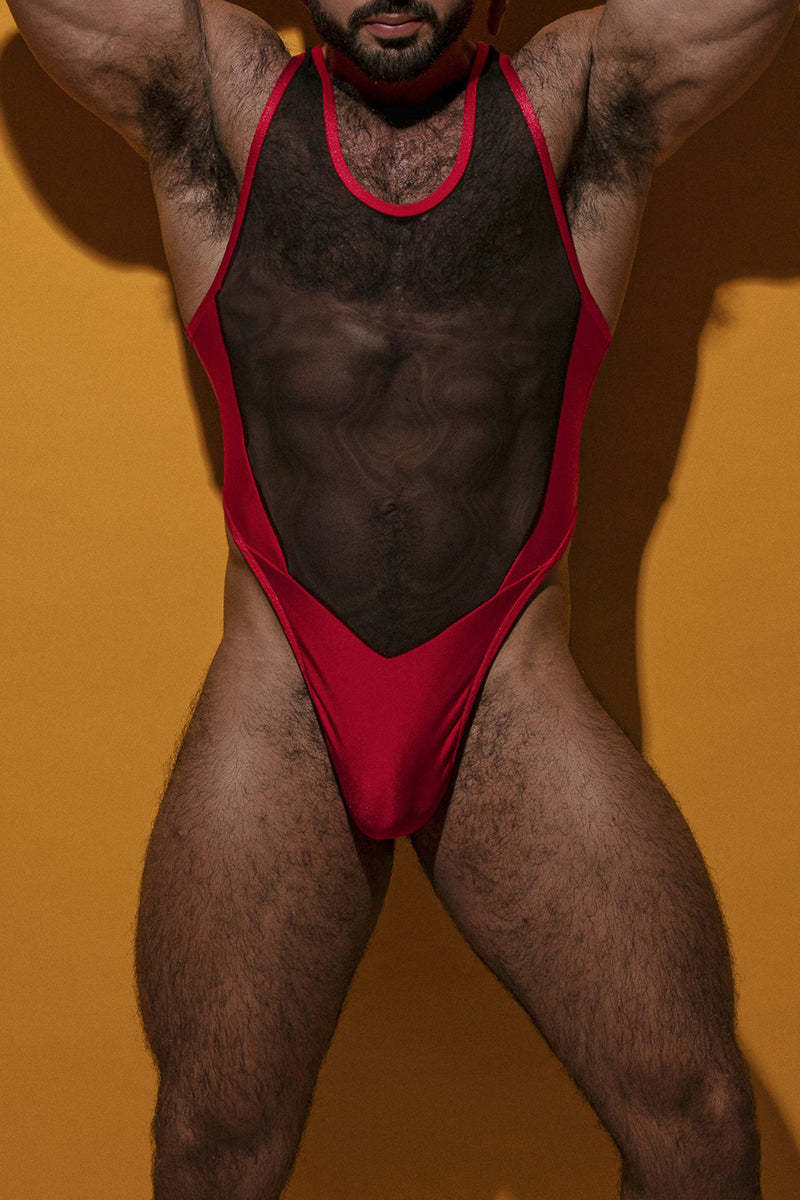 Colorblock See-Through Mesh Patchwork Racer Back Stretchy Thong Bodysu