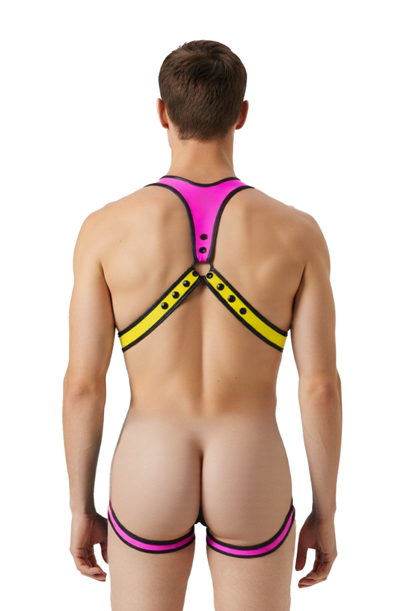 Mysteryglove Color-Block PU Leather Harness - A Bold Fusion of Pink, Blue & Yellow