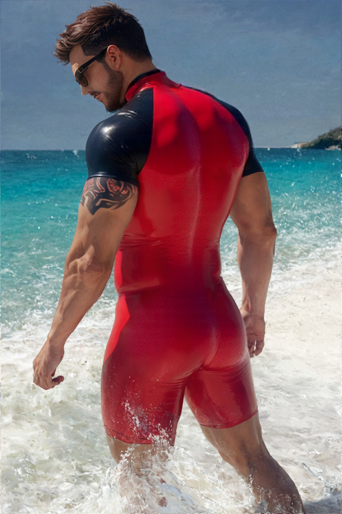 Mysteryglove Black & Red Short Sleeve PU Leather Bodysuit