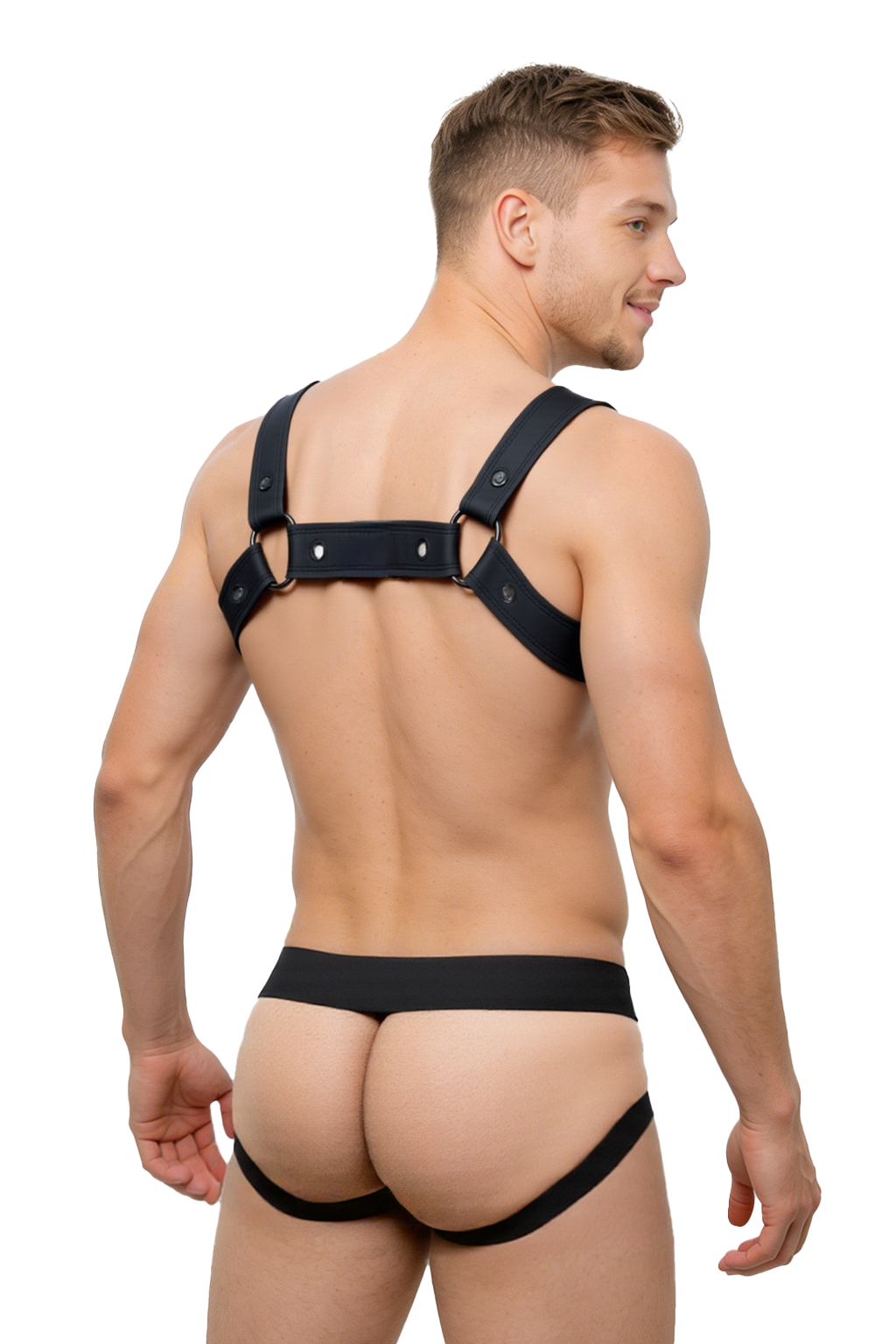 Mysteryglove Black PU Leather Harness & Red Jockstrap – Fetish Gear for Men