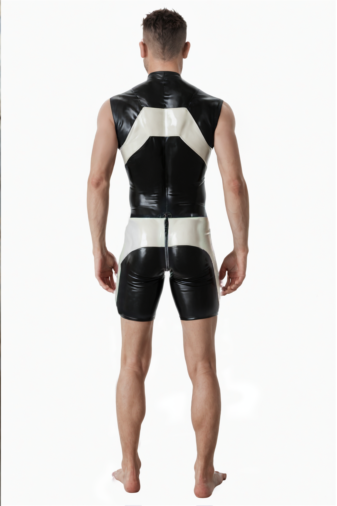 Sleek Black and Beige Latex Bodysuit for Men
