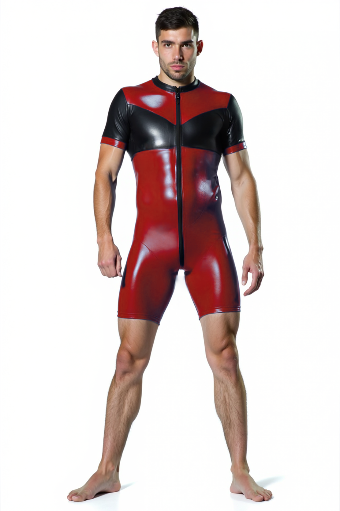 Bold Latex Colorblock Zipper Bodysuit - Red, Green, or Blue