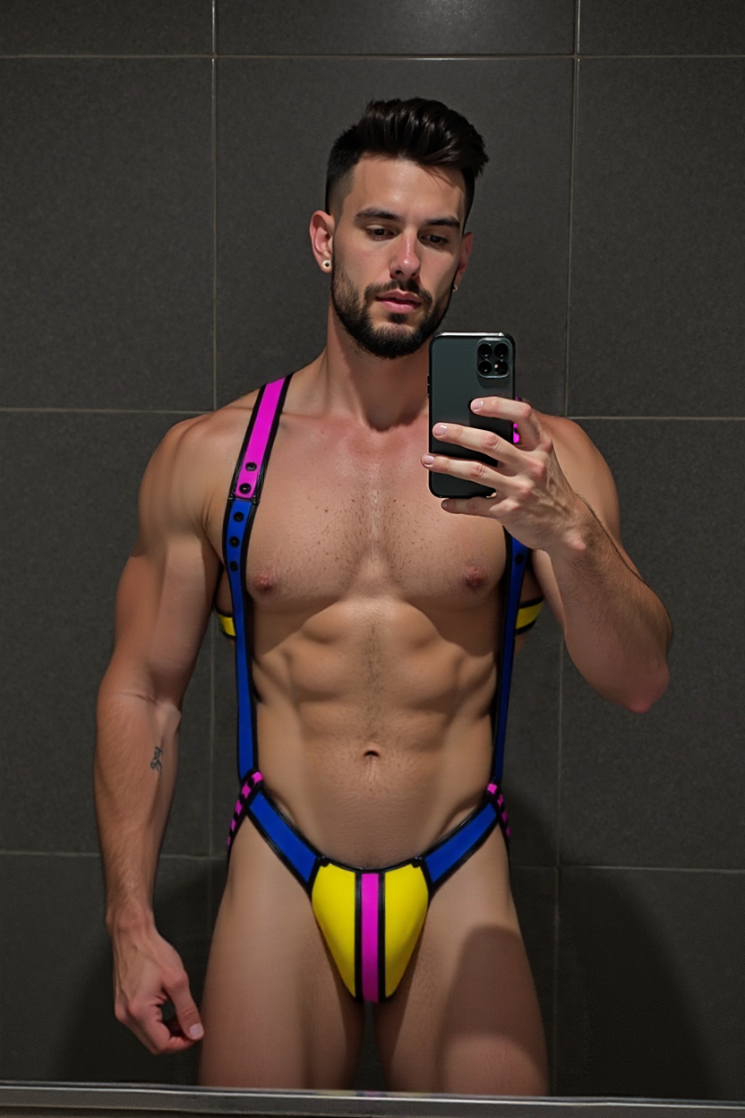 Mysteryglove Color-Block PU Leather Harness - A Bold Fusion of Pink, Blue & Yellow