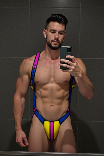 Mysteryglove Color-Block PU Leather Harness - A Bold Fusion of Pink, Blue & Yellow