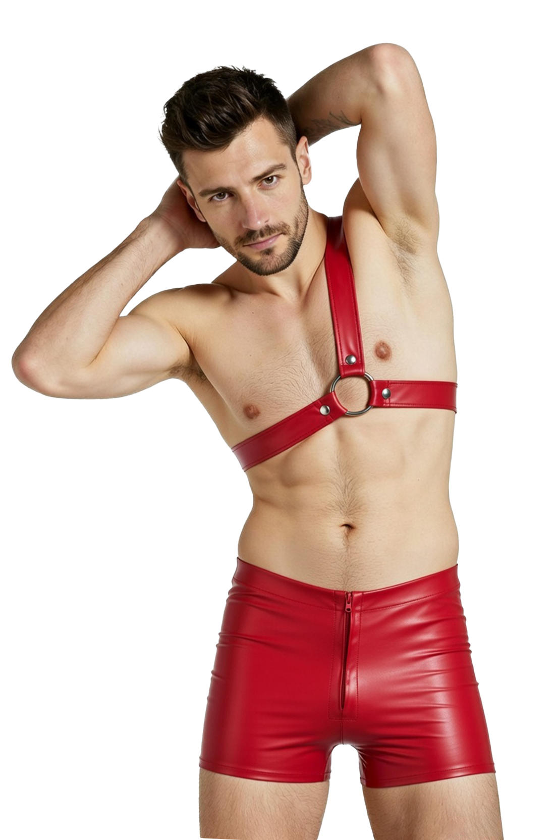 Mysteryglove Men’s Red Leather Harness & Shorts Set – Sexy Clubwear Body Outfit