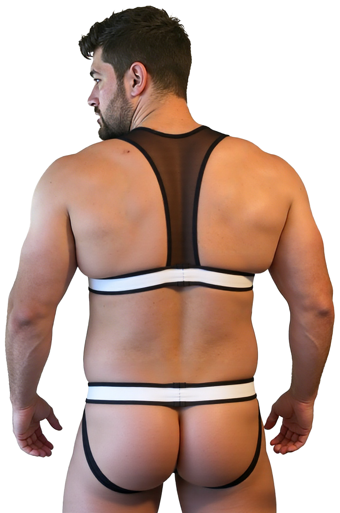 Mysteryglove Men’s Sexy Harness Jockstrap Set – Black & White Mesh Bodywear
