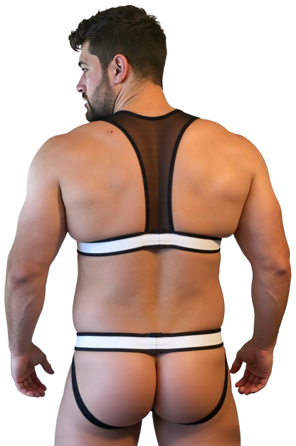 Mysteryglove Men’s Sexy Harness Jockstrap Set – Black & White Mesh Bodywear