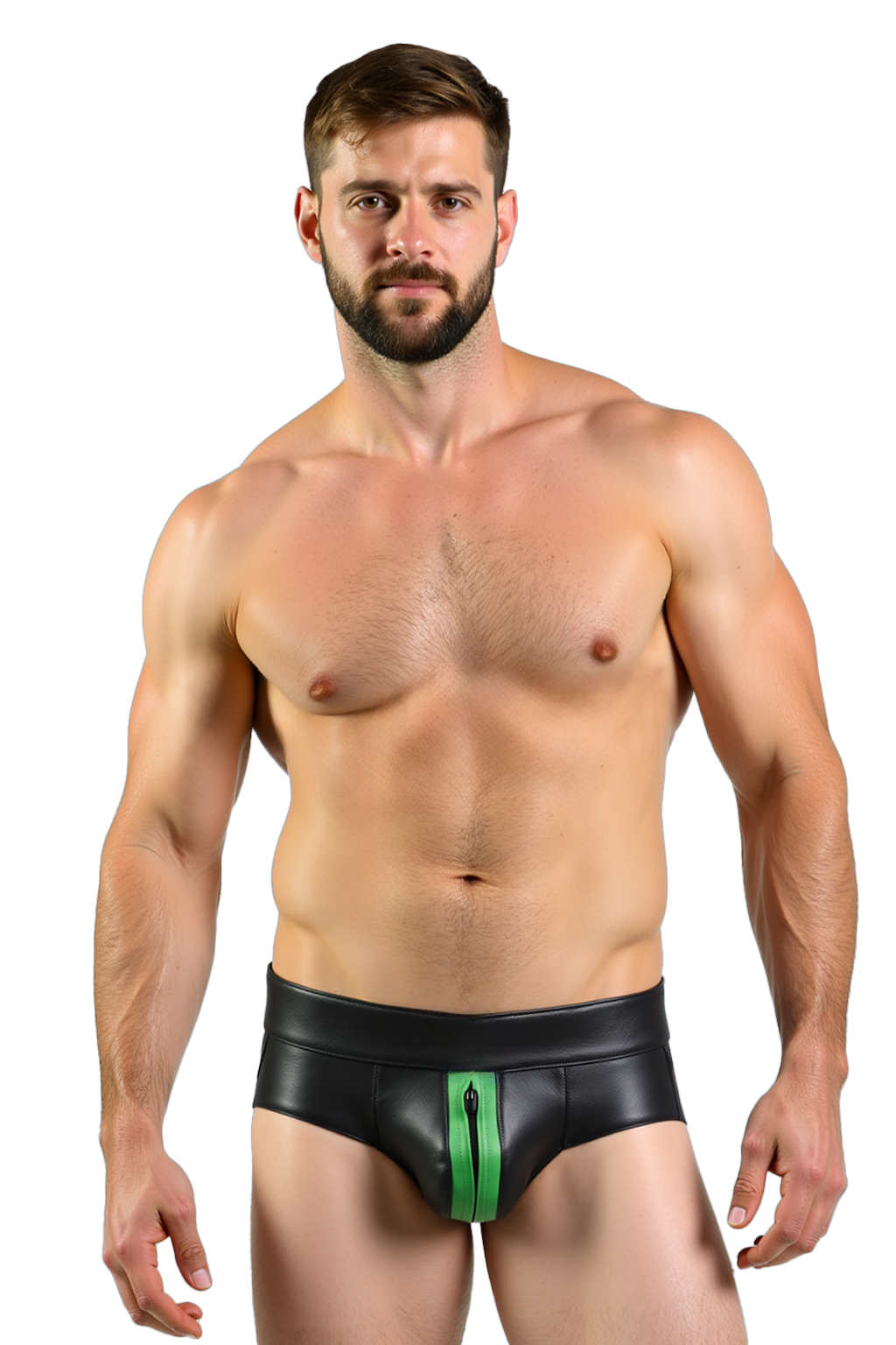 Mysteryglove Men's Black PU Leather Boxer Shorts with Bold Green Zipper Detail