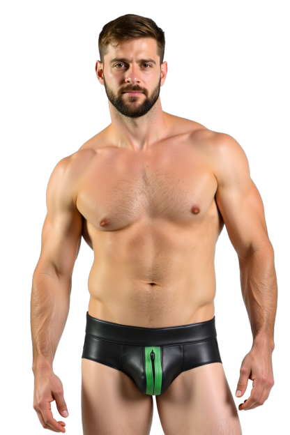 Mysteryglove Men's Black PU Leather Boxer Shorts with Bold Green Zipper Detail