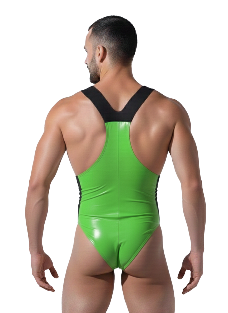Mysteryglove Men's Green PU Leather Wrestling Singlet – Sleek, Stylish & Comfortable