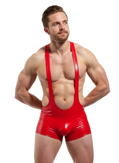 Mysteryglove Men's Red PU Leather Wrestling Singlet – Bold & Comfortable (No Underwear Included)