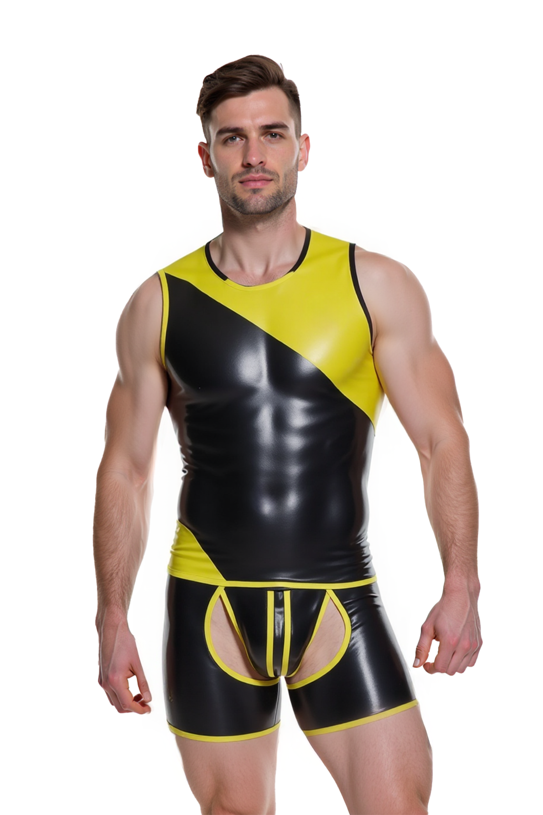 Mysteryglove Men's Black & Yellow PU Leather Two-Piece Set – Bold Design with Athletic Appeal