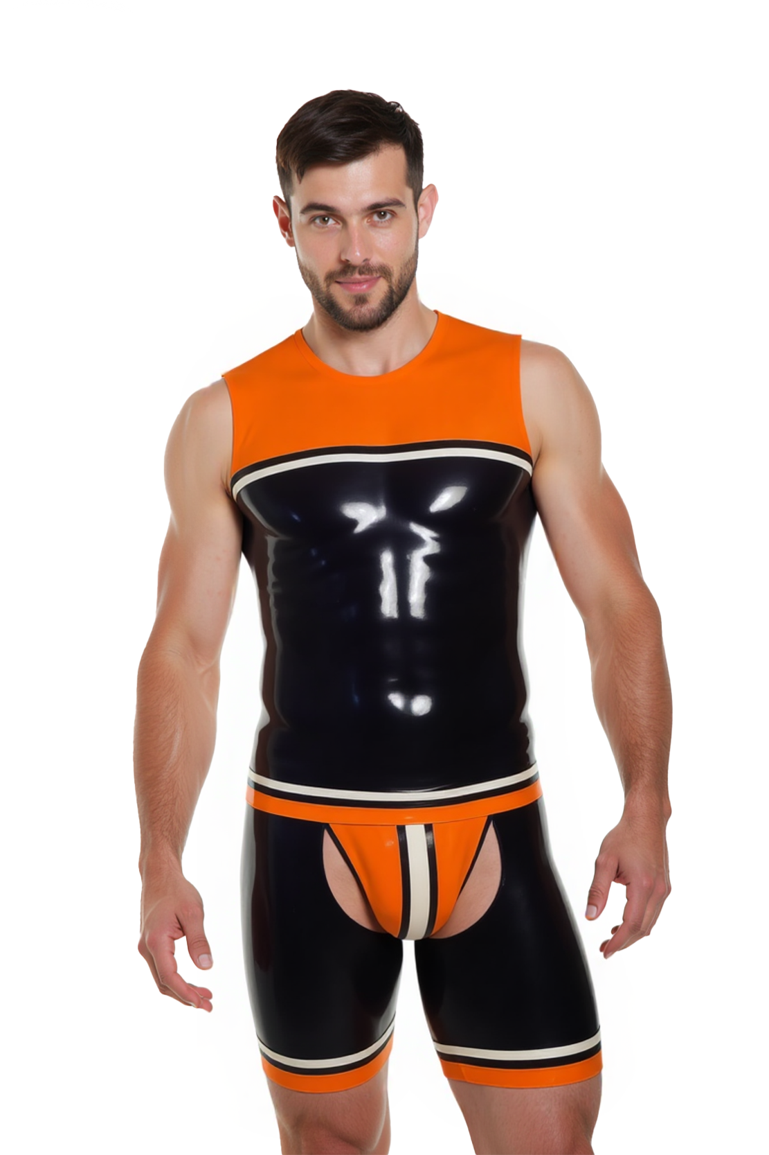 Mysteryglove Men's Black & Orange PU Leather Two-Piece Set – Bold Athletic Design with Color Block Style