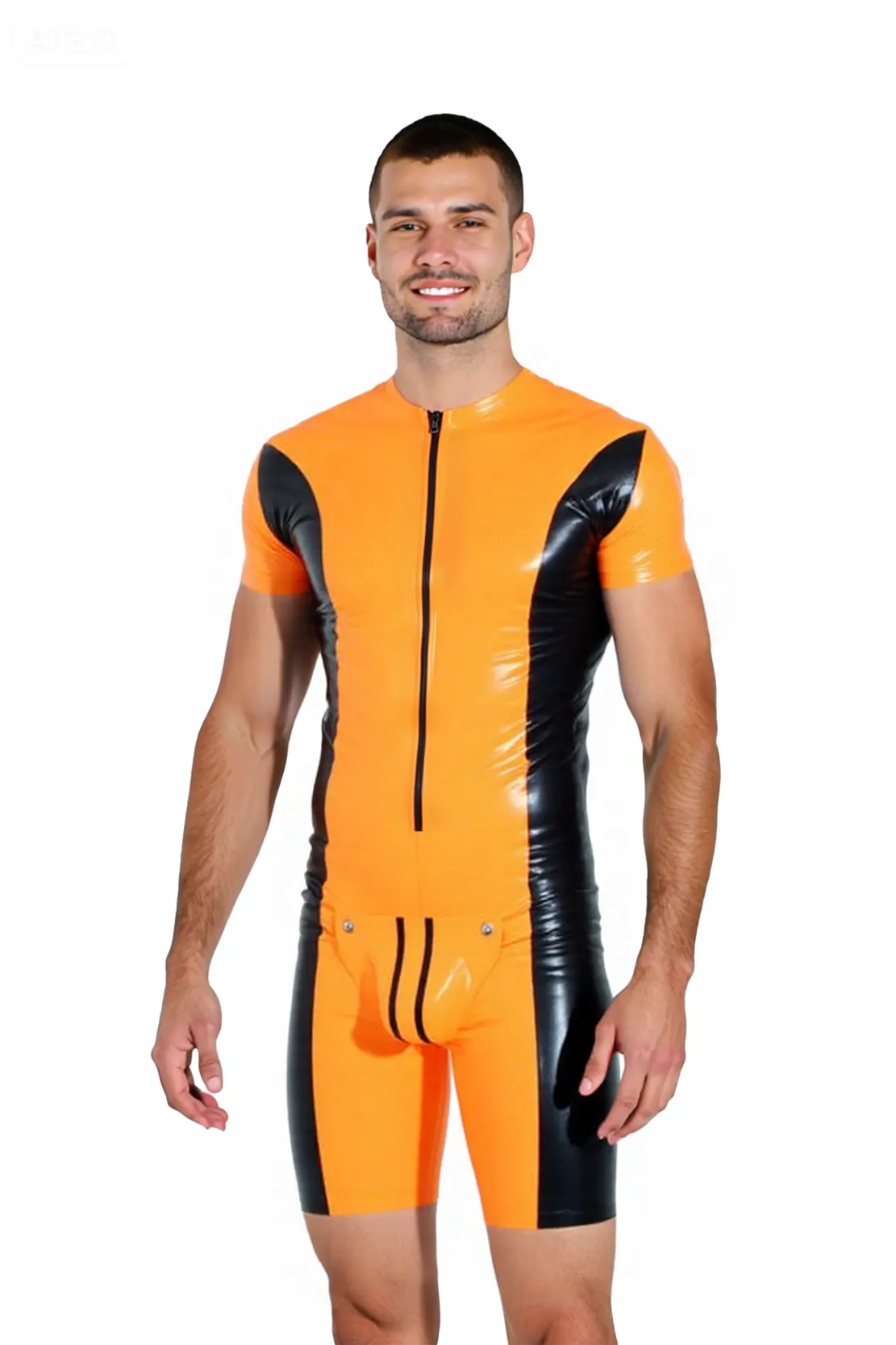 Mysteryglove Men’s PU Leather Bodysuit – Orange & Black Contrast Short Sleeve Rompe