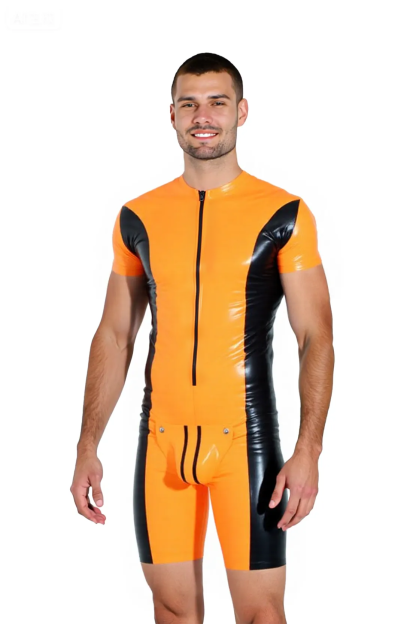 Mysteryglove Men’s PU Leather Bodysuit – Orange & Black Contrast Short Sleeve Rompe
