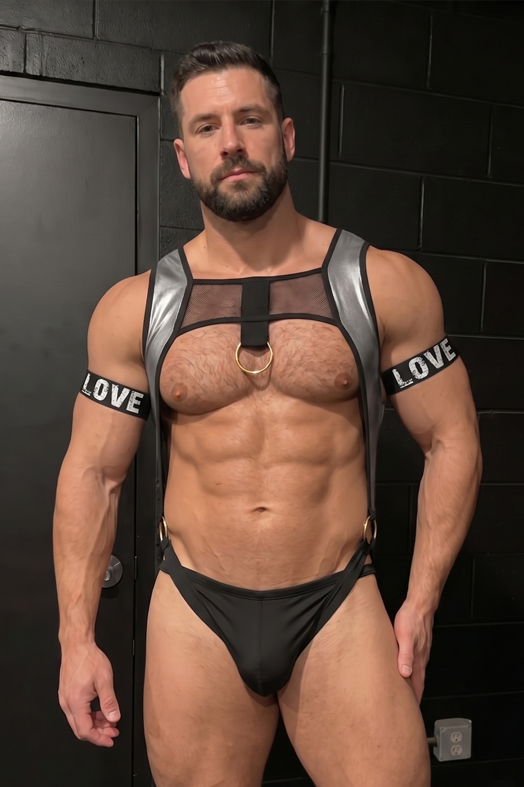 Mysteryglove Men’s Black & Silver Mesh Harness Set with Thong – Gold Ring Chest Harness