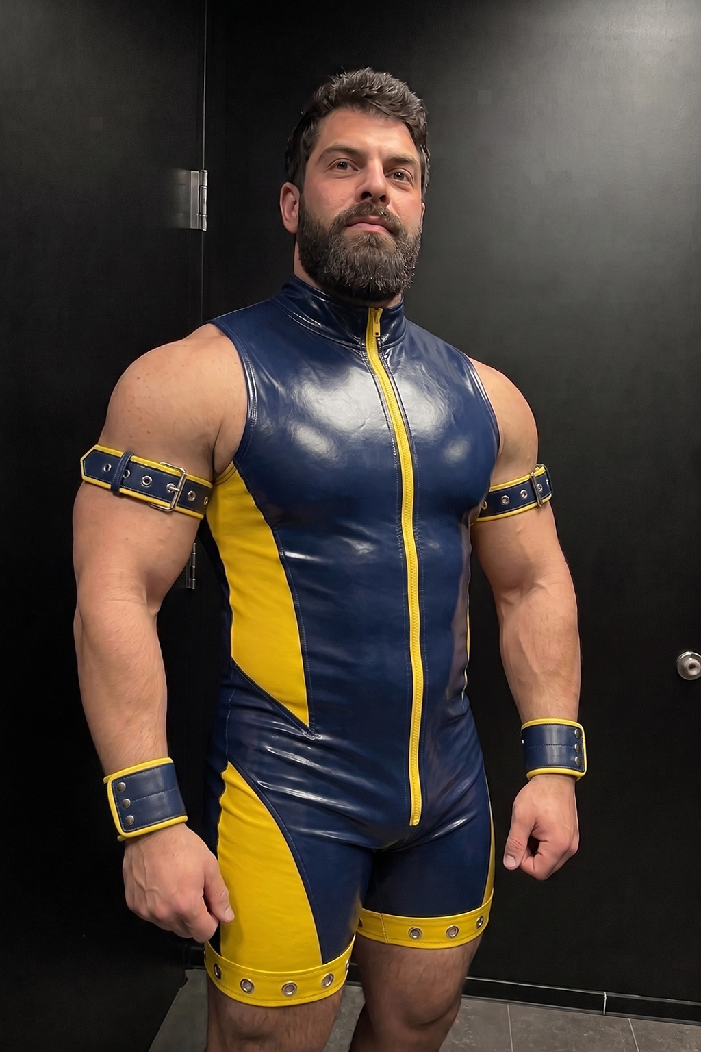 Mysteryglove Navy Blue & Yellow Gloss PU Leather Bodysuit, Front Zip One-Piece with Open-Back Cutout + Arm Bands