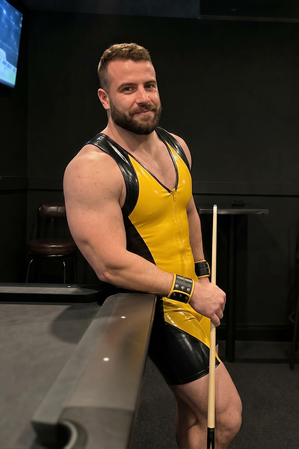 Mysteryglove Yellow & Black Gloss PU Leather Singlet Bodysuit, Racing Style + Open-Seat Back + Full Back Zip