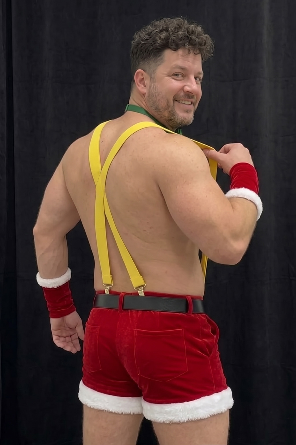 Mysteryglove Men's Santa Red Velvet Shorts Set with Yellow Suspenders