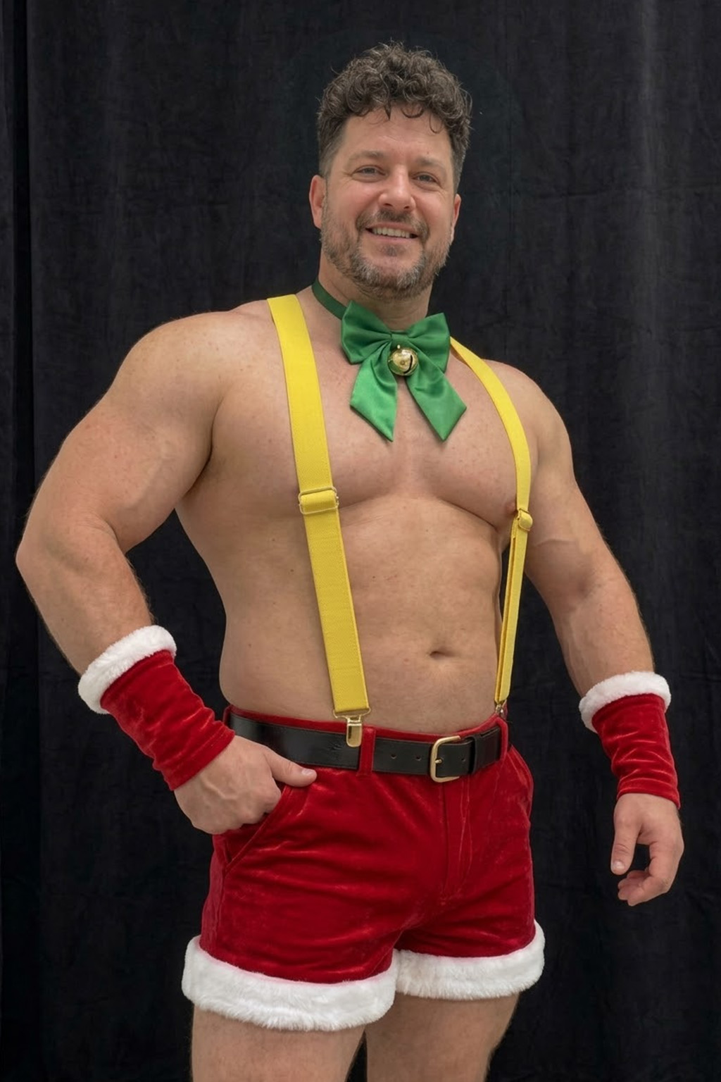 Mysteryglove Men's Santa Red Velvet Shorts Set with Yellow Suspenders