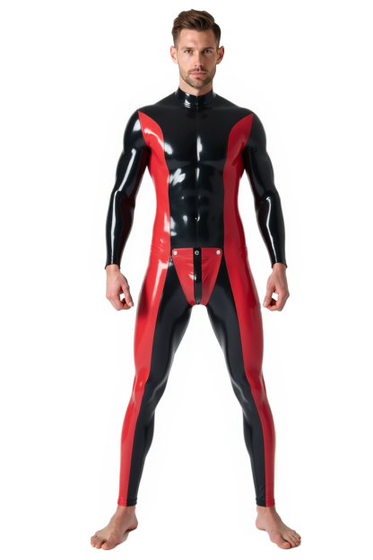 Mysteryglove Men’s Form-Fitting PU Leather Suit with Red and Black Stripes