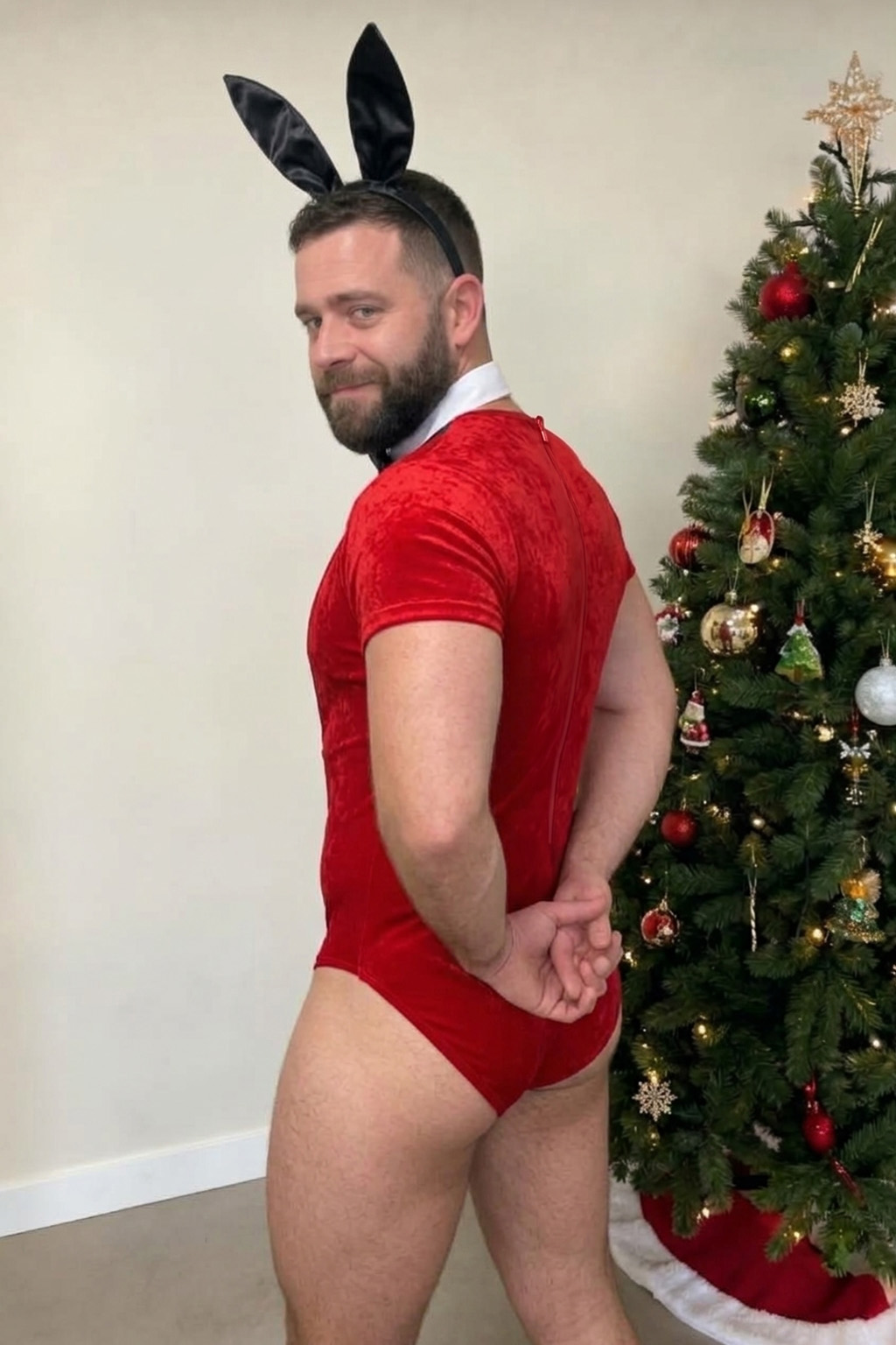 Mysteryglove Men's Christmas Bunny Red Velvet Bodysuit
