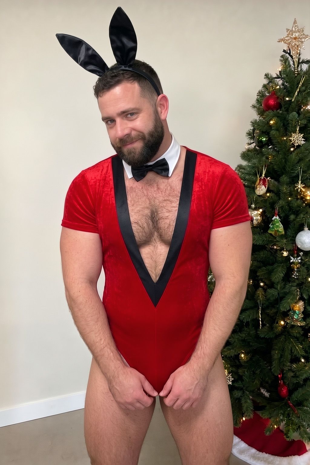 Mysteryglove Men's Christmas Bunny Red Velvet Bodysuit
