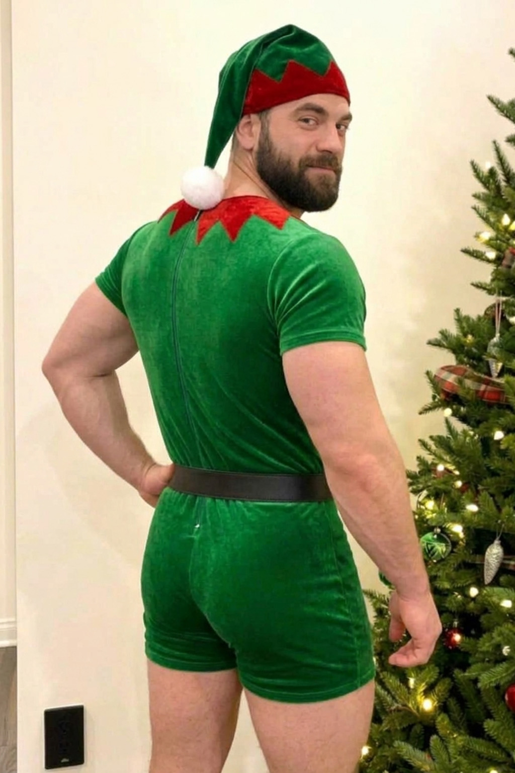 Mysteryglove Men's Green Christmas Elf Velvet Romper