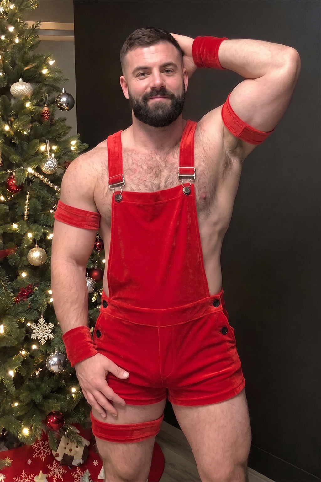 Mysteryglove Men's Red Velvet Christmas Bib Shortalls
