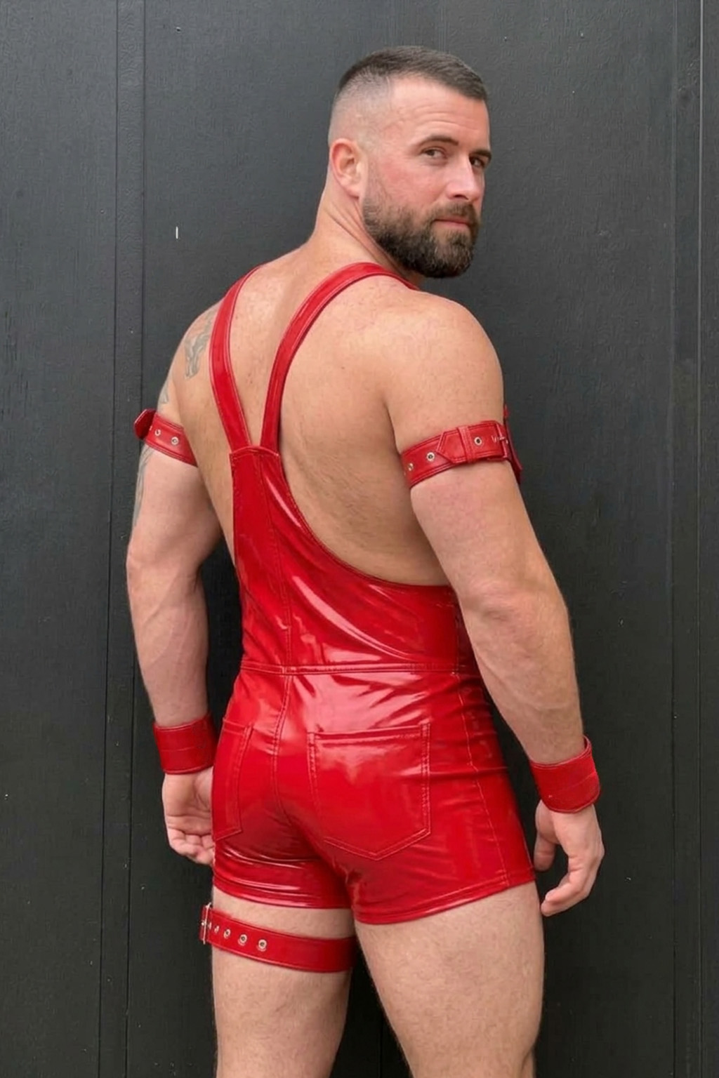 Mysteryglove Men's Crimson Gloss PU Leather Harness Shortall