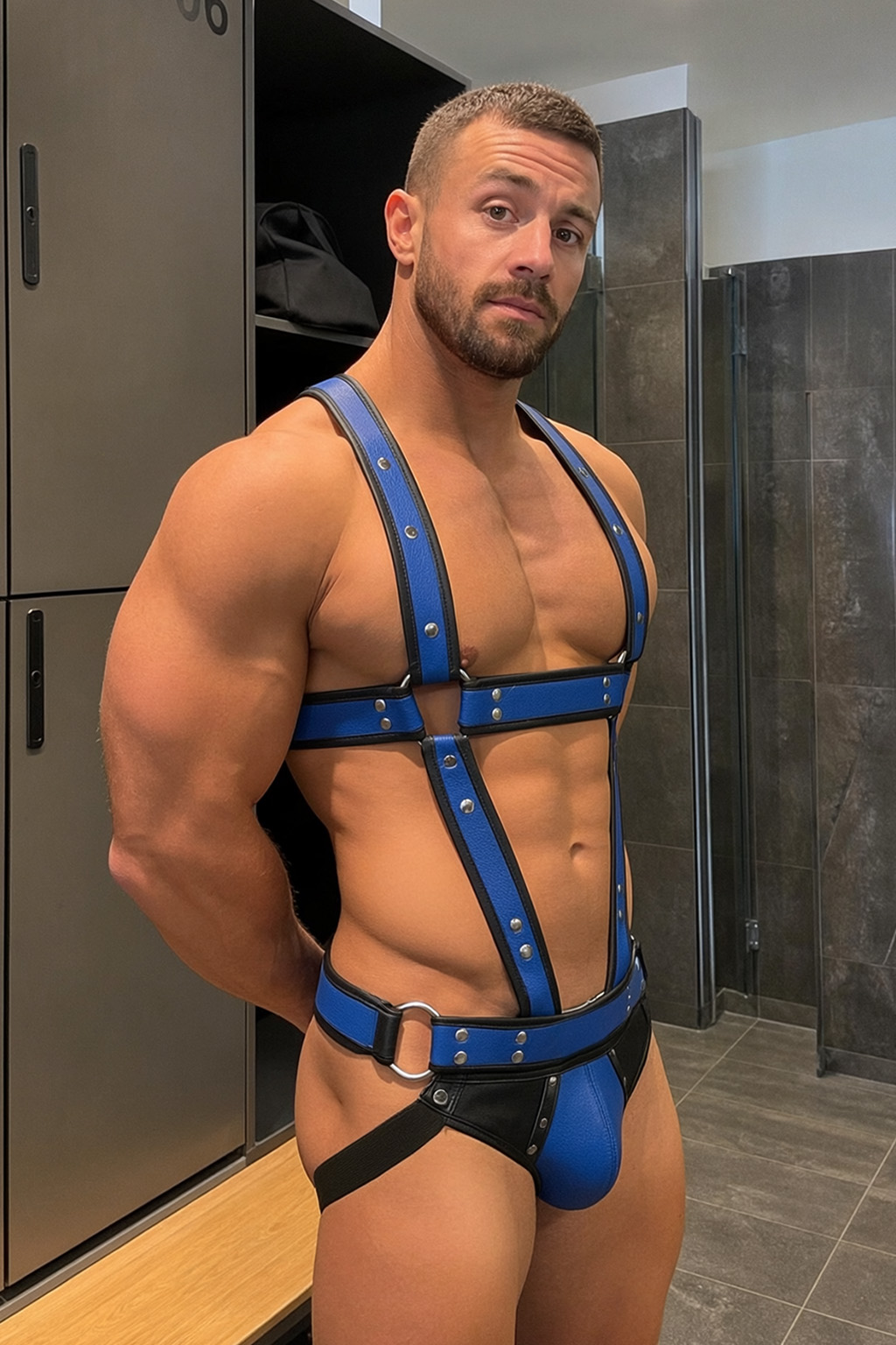 Mysteryglove Men's Electric Blue & Black Statement Harness Set with Matching Jockstrap