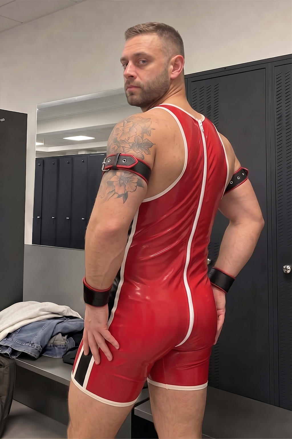Mysteryglove Men's Crimson Rush Glossy Red Zip-Front Short-Leg Bodysuit